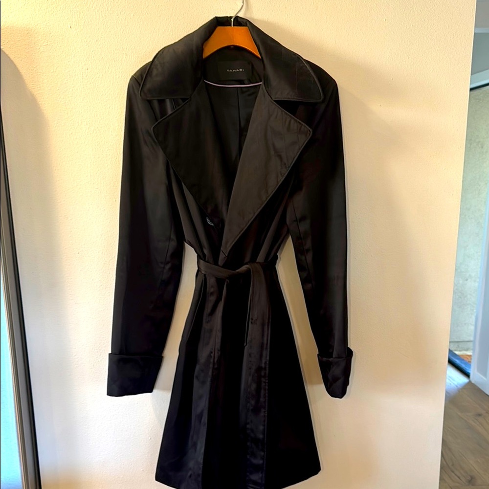 Tahari Black Satin Trench Coat with Tie Belt